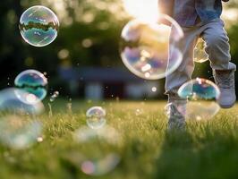 uma fechar acima do gigante bolhas, borrado fundo do uma criança bokeh pernas vestindo branco roupas e corrida por aí em a grama. ai generativo foto