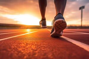 corredores pés dentro uma Atlético corrida acompanhar. jovem homem atleta Treinamento às pôr do sol. ai generativo foto