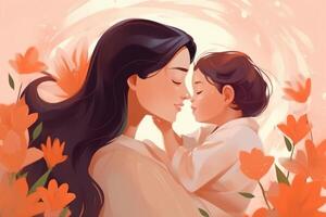 ilustração do mãe com dela pequeno criança, flor dentro a fundo. conceito do mães dia, mães amor, relacionamentos entre mãe e criança. ai generativo foto