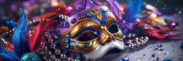 veneziano carnaval mascarar e miçangas decoração. mardi gras fundo. ai generativo foto