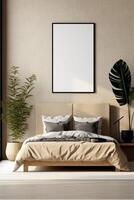 em branco branco foto poster quadro, Armação com Preto Beira dentro moderno, luxo bege Castanho quarto, madeira cabeça borda cama, cinzento cobertor, travesseiro, de cabeceira mesa, Palma planta de casa dentro luz solar. ai generativo