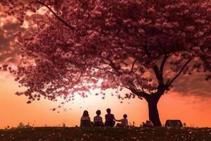 a silhueta do uma família desfrutando uma piquenique debaixo uma cereja Flor árvore dentro pôr do sol céu. ai generativo foto