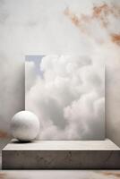 mármore mesa, branco céu parede, grunge nuvem textura fundo, suave borrão produtos exibição poster Projeto. ai generativo foto