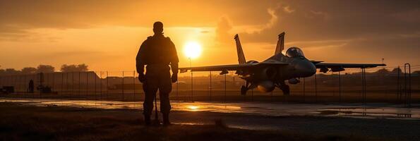 pôr do sol retroiluminado Visão do militares lutador jato piloto ao lado estacionado militares força do ar avião Próximo para quartel ou hangar Como Largo bandeira com copyspace área para mundo guerra conflitos. ai generativo foto