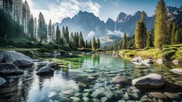 lago com montanhas e árvores ai generativo foto