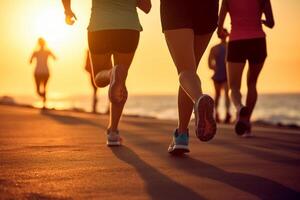 fechar acima pernas corredor grupo corrida em nascer do sol beira-mar trilha. ai generativo foto