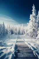 inverno Natal cênico panorama com cópia de espaço. de madeira piso, branco árvores dentro floresta coberto com neve, montes de neve e queda de neve contra azul céu dentro ensolarado dia ai generativo foto