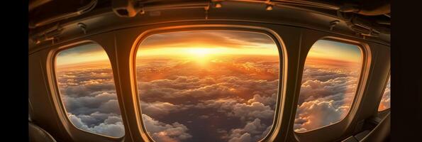 a Visão a partir de a avião janela para a pôr do sol. aéreo visualizar. ai generativo foto