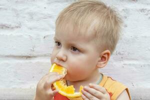 retrato do criança. fofa Garoto posando e comendo uma delicioso laranja. a emoções do uma criança. foto