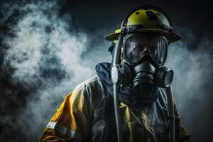 fechar acima retrato do face bombeiro vestindo protetora uniforme e a protetora mascarar. neural rede ai gerado foto