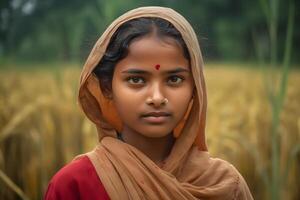 retrato do uma indiano menina contra a fundo do espiguetas do trigo. neural rede ai gerado foto