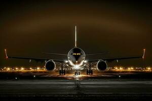 grande passageiro avião terras dentro aeroporto às noite. neural rede gerado arte foto