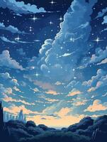 ilustração do uma enluarada noite, com estrelas cintilante dentro a céu e nuvens. ai generativo foto