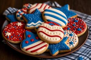 biscoitos decorado dentro vermelho branco e azul para 4º Julho celebração. ai generativo foto