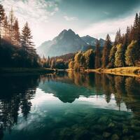 lago com montanhas e árvores ai generativo foto