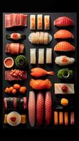 Sushi, desconstruído obra de arte, vibrante peixe fatias. ai generativo foto