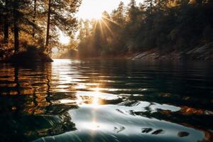 lago, fresco radiante reflexões, luz solar brilhante. ai generativo foto