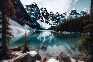 fantástico tarde panorama do cristal lago. neural rede ai gerado foto