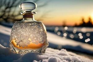 perfume garrafa dentro a neve, inverno, fresco frio fragrância conceito. neural rede gerado arte foto