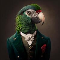 retrato do uma papagaio vestido dentro uma profundo verde o negócio terno, generativo ai foto