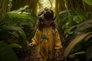 criança dentro virtual aumentado realidade capacete. futuro tecnologia conceito. neural rede ai gerado foto