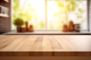 esvaziar madeira mesa e embaçado fundo do moderno minimalista cozinha produtos exibição modelo, ai gerado foto