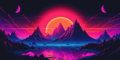 estético montanha synthwave retrowave papel de parede com uma legal e vibrante néon projeto, ai gerado foto