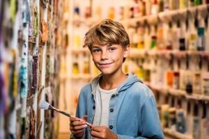 artista segurando escovas, parece às a Câmera com uma sorriso. autêntico criativo estúdio com ampla tela. face retrato, generativo ai foto