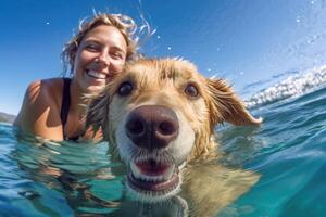 jovem mulher e dela cachorro usando supboard . ai gerado foto