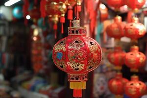 vermelho chinês tradicional lanternas em vermelho fundo, ai gerado foto
