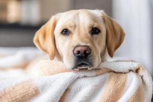 fofa relaxado cachorro deitado em limpar \ limpo toalhas depois de levando banho . ai gerado foto