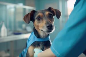 veterinario examinando fofa cachorro dentro veterinário clínica, generativo ai foto