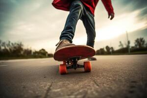 fechar acima do irreconhecível homem equitação uma skate às a cidade rua, ai gerado foto