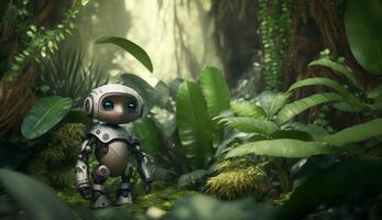 pequeno robô dentro a selva, verde floresta papeis de parede. generativo ai foto