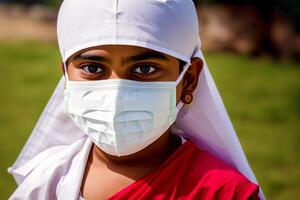 a indiano Garoto vestindo protetora mascarar. cobiçado 19. usando máscara com confiança. generativo ai foto