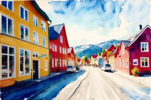 uma aguarela cidade. nórdico serenidade, aguarela pintura do uma escandinavo cidade. generativo ai foto