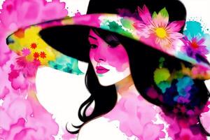a ilustração do uma jovem mulher com uma colorida fundo e flores silhueta. aguarela pintar. generativo ai foto