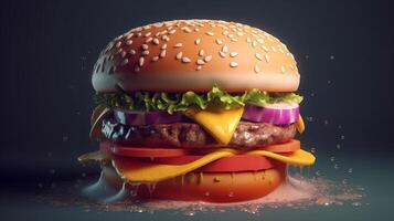 fechar-se Visão do Hamburger com queijo e legumes em Sombrio fundo, generativo ai foto