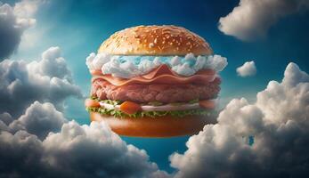 Hamburger com nuvens dentro a céu, generativo ai foto