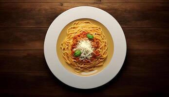 topo Visão do espaguete massa com tomate molho e manjericão em de madeira mesa fundo, generativo ai foto