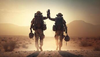 costas Visão do soldados às deserto, vitória batalha soldados, generativo ai foto