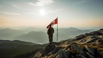 soldado com uma rifle e uma canadense bandeira dentro a montanhas, Canadá soldado, generativo ai foto