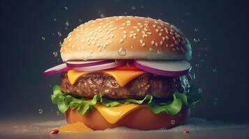 fechar-se Visão do Hamburger com queijo e legumes em Sombrio fundo, generativo ai foto