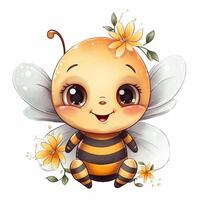 fofa desenho animado abelha com flores em branco fundo, generativo ai foto