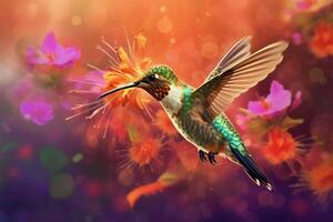 beija Flor dentro voar em colorida flores generativo ai foto