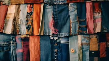 moda delícias, tal Como patchwork saias e reaproveitado jeans jaquetas generativo ai foto