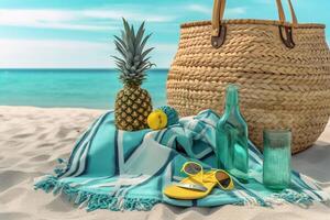 cesta, sandálias, toalha, garrafa com abacaxi dentro isto em a de praia generativo ai foto