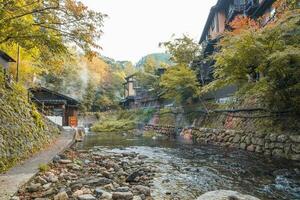 quente Primavera cidades, Kurokawa onsen, Ryokan e ponte, Kurokawa às manhã, kumamoto, kyushu, Japão foto