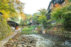 quente Primavera cidades, Kurokawa onsen, Ryokan e ponte, Kurokawa às manhã, kumamoto, kyushu, Japão foto