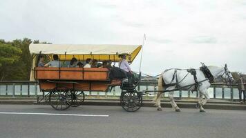 Yufuin, Oita, Kyushu, Japão - Outubro 14, 2018 a turista em a cavalo transporte passeio por aí yufuin, rio e yufu montanha fundo foto